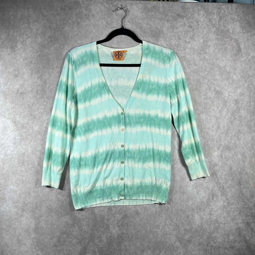 Tory Burch Cardigan Sweater Womens Large Green Tie Dye Knit Button Front V-Neck